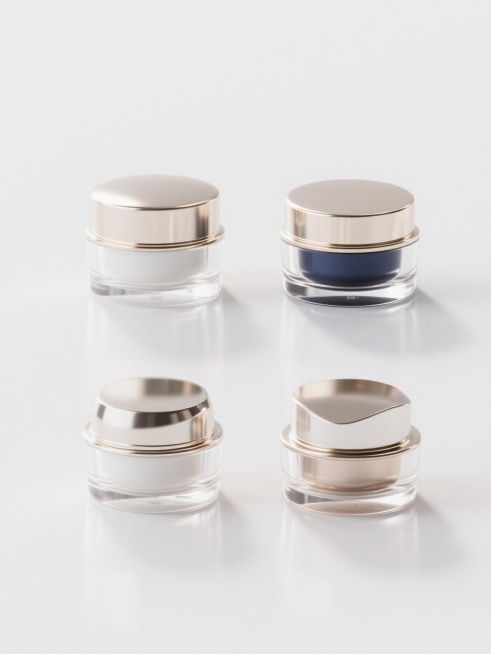 四个不同外观、不同配色、不同样式的面霜罐，排列整齐，白色背景，3D渲染，极简主义风格，高反光透明玻璃质感，光滑细腻的金属装饰条，柔和均匀的顶部光源，清晰的高光与阴影过渡，简洁干净的画面，精致的产品细节，高品质化妆品包装设计感，每个罐子拥有独特的形状轮廓、色彩搭配和装饰元素，整体保持统一的高端简约美学。预览效果