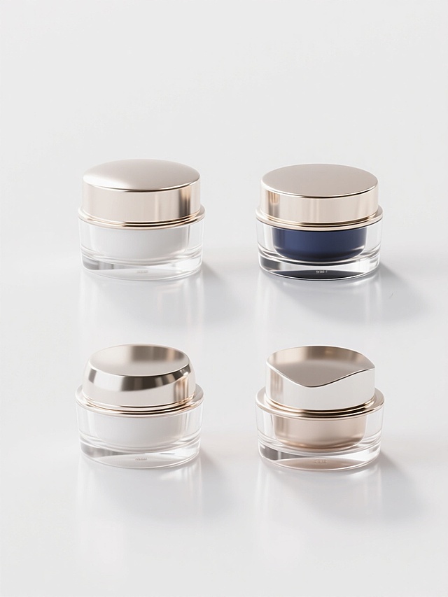 四个不同外观、不同配色、不同样式的面霜罐，排列整齐，白色背景，3D渲染，极简主义风格，高反光透明玻璃质感，光滑细腻的金属装饰条，柔和均匀的顶部光源，清晰的高光与阴影过渡，简洁干净的画面，精致的产品细节，高品质化妆品包装设计感，每个罐子拥有独特的形状轮廓、色彩搭配和装饰元素，整体保持统一的高端简约美学。