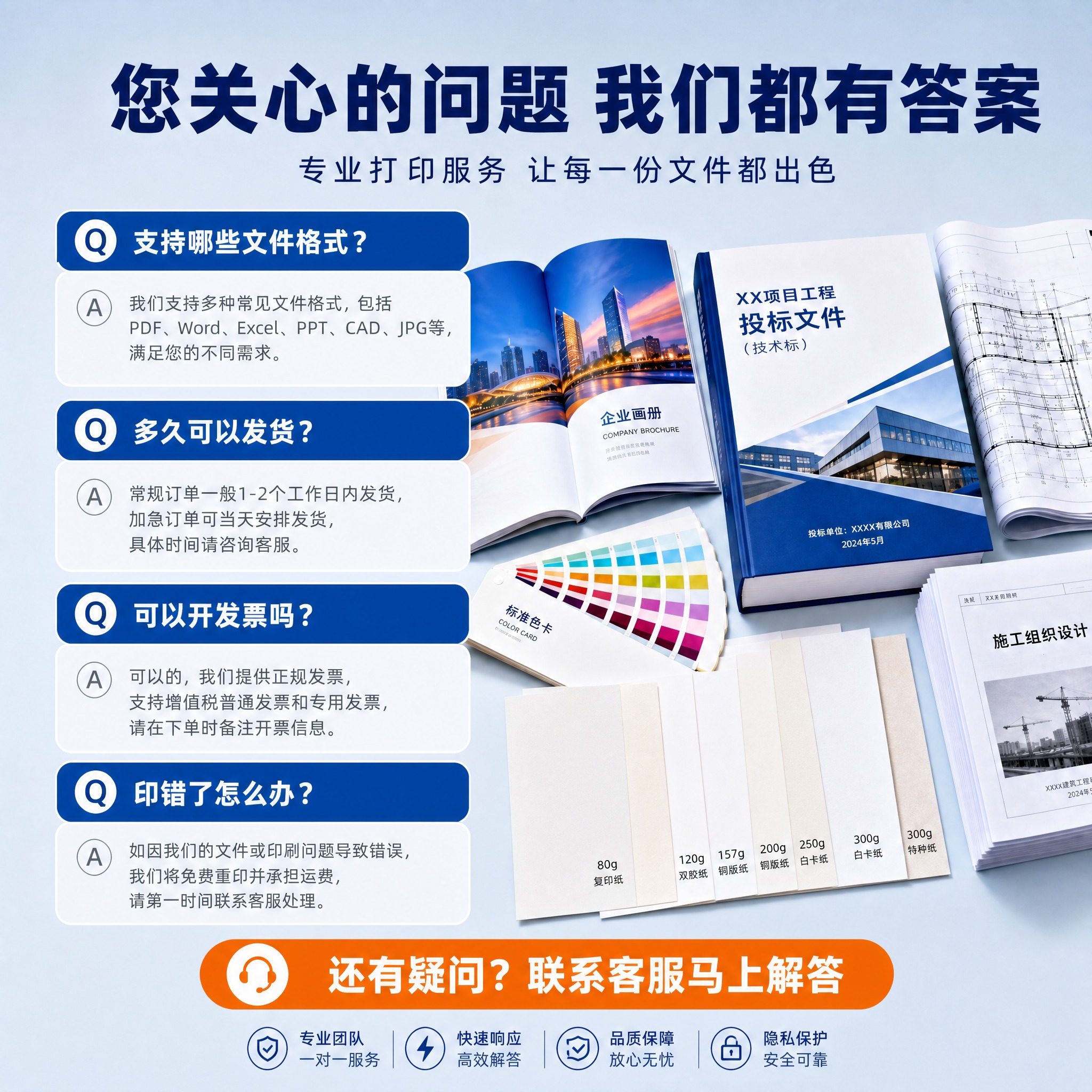 基于参考图的蓝橙配色和打印服务风格，生成一张常见问题FAQ主图… - 图片创意预览