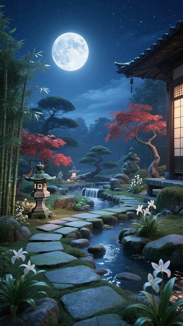 生成10张月亮和花园的美景图