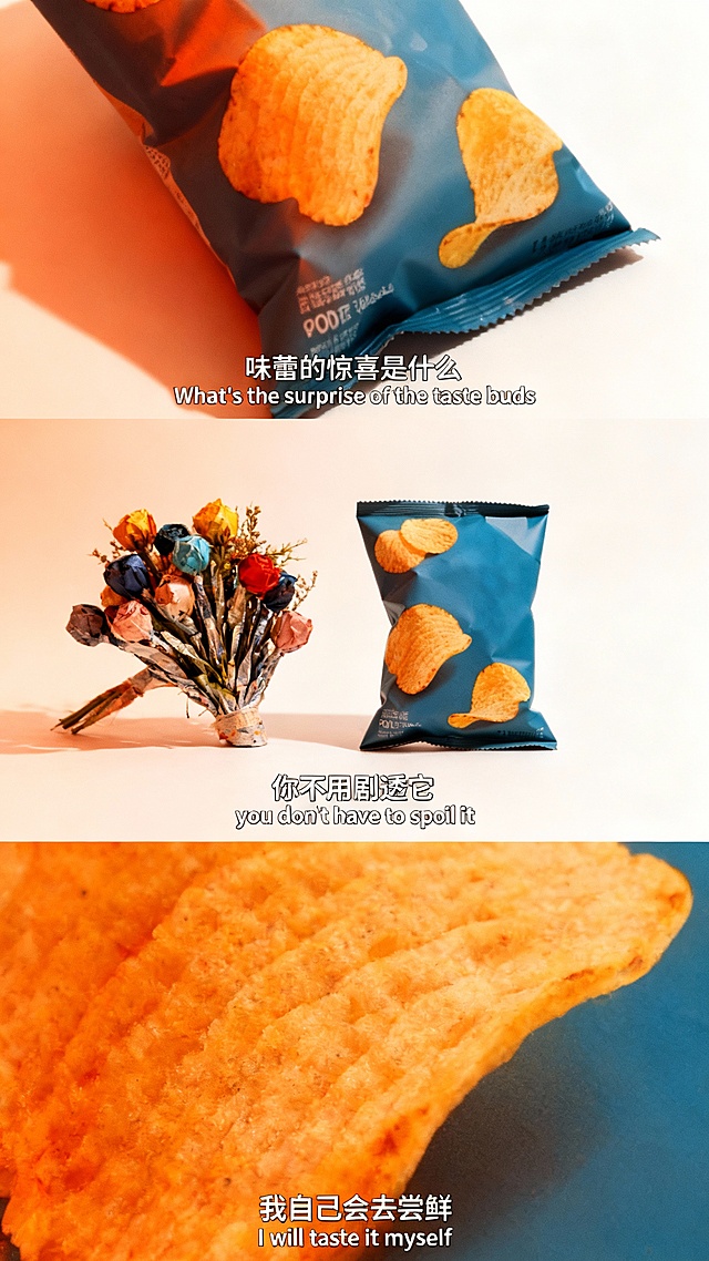 清新感与文艺感交织，双色设计风搭配重拟物风呈现薯片质感，胶片风色调营造舒适氛围，印刷风文字点缀，传递时尚而温柔的味觉期待。