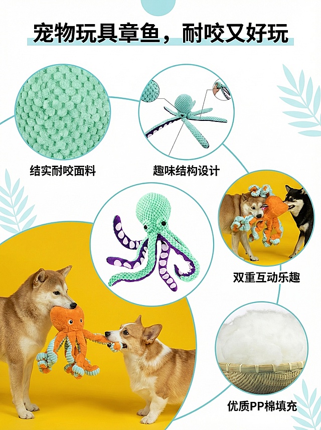 将前五张图按照第六张图片的排版格式，重新排版生成一张宠物玩具章鱼狗狗玩具的宣传图，排版和第六张图一样，内容替换为前五张宠物玩具图片：1.主标题顶部居中，2.左上方放面料细节图，右上方放结构设计图，左下放填充材质图，中间放大产品全景图，右下方放狗狗玩耍图