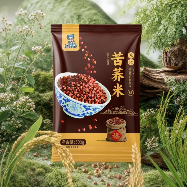 参考第一张图的构图和风格，把中间的七色糙米包装换成第二张图的苦荞米包装，背景添加一些荞麦元素，保持整体绿色自然谷物氛围不变预览效果