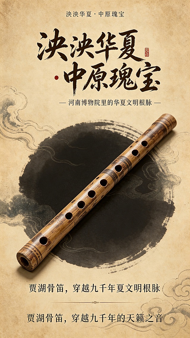 按照参考图的国潮中式风格，重新生成河南博物院文物贾湖骨笛海报，保持原构图和文字排版：顶部小字'泱泱华夏·中原瑰宝'，主标题大字'泱泱华夏·中原瑰宝'，副标题'— 河南博物院里的华夏文明根脉 —'，主体展示斜放的贾湖骨笛，背景做做旧宣纸纹理搭配水墨祥云图案，底部文字'贾湖骨笛，穿越九千年夏文明根脉'和'贾湖骨笛，穿越九千年的天籁之音'，整体古风国潮质感