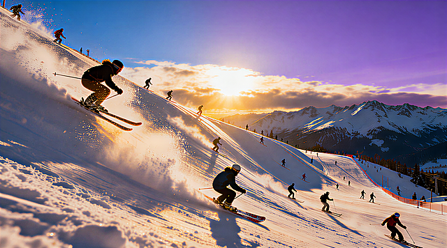 这是一个动画片的开幕照片，用于生成视频，图片是个大型滑雪场的场景滑雪者纷纷秀着各自的滑雪技能。要求场面震撼，滑板溅起的雪飞扬，要有电影级的光效，大片的既视感。