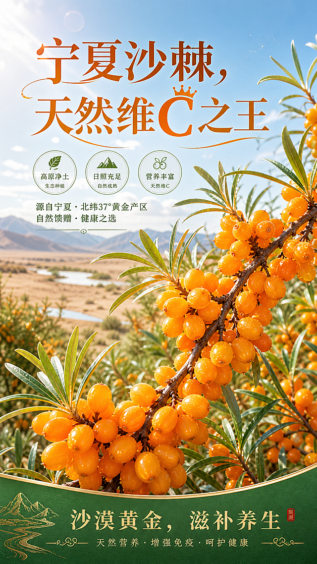 设计一张宁夏沙棘宣传海报，画面展现沙棘果实挂在枝头的自然场景，风格自然健康。海报顶部配有醒目的广告文案“宁夏沙棘，天然维C之王”，底部配上宣传语“沙漠黄金，滋补养生”，整体色调清新自然，突出沙棘天然营养的产品特点，构图饱满有层次，适合商业宣传使用。