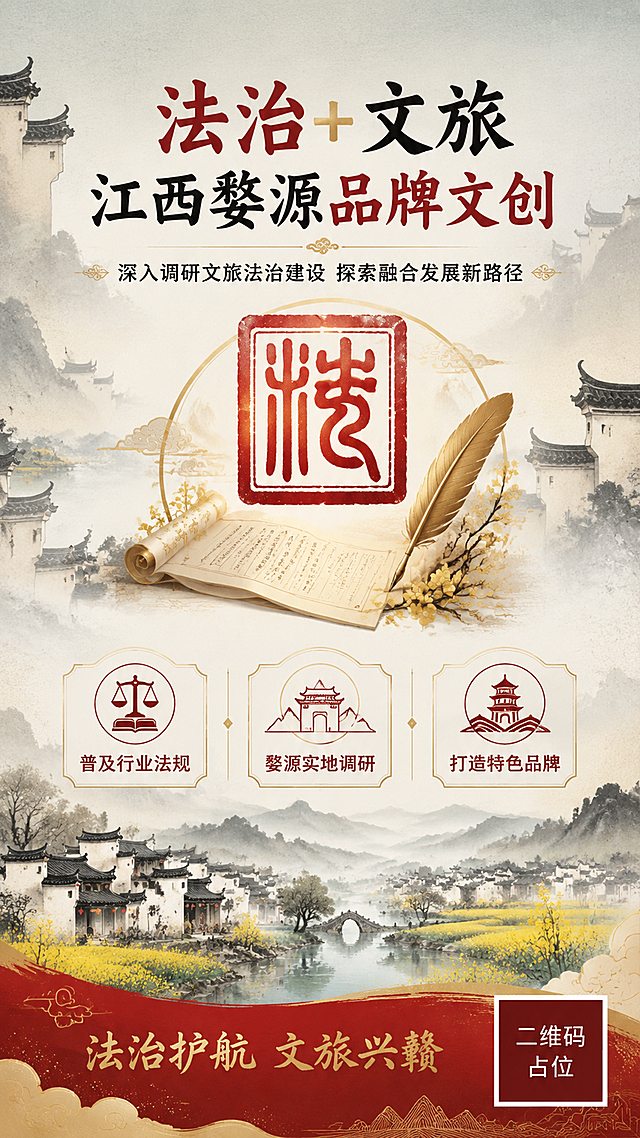 国风新中式品牌主视觉海报，主题为"法治+文旅"江西婺源品牌文创宣传。画面采用竖版9:16构图，整体风格为国风新中式工笔风格，高级留白，统一配色。

背景层：淡雅的青灰色渐变底色，融入婺源徽派建筑剪影（马头墙、飞檐）和水墨山水轮廓，远处有淡淡的油菜花田金色点缀，营造江西婺源地域特色氛围。中景有轻纱般的云雾缭绕，增加空间层次感。

主视觉元素：画面中央偏上位置是一枚精致的红色印章式图形，印章内刻有"法"字篆书，印章周围环绕着金色的书卷与羽毛笔元素，象征法治与文化的融合。印章下方有展开的古卷轴造型，卷轴上隐约可见法律条文纹理。

文案布局（版式精美）：
- 主标题位于画面中上部，大字醒目："法治+文旅 江西婺源品牌文创"
- 副标题位于主标题下方，字号稍小："深入调研文旅法治建设 探索融合发展新路径"
- 画面中部偏下有三个信息标签横向排列，分别是："普及行业法规"、"婺源实地调研"、"打造特色品牌"，每个标签配简约线条图标
- 画面底部有宣传语："法治护航 文旅兴赣"
- 右下角有一个纯色方块二维码占位符，方块中央标注"二维码占位"文字

配色：主色调为中国红+墨黑+金色点缀+米白底，体现法治的庄重与文旅的雅致，色彩层次分明。

光影：柔和的侧前方柔光，整体色调温润典雅，具有宣纸质感。

画面中所有信息区域必须填充完整合理的内容，不得出现空白框、空白占位、横线待填写区域、空列表项、空单元格。所有文字清晰可读，排版精美，四周留有安全边距。

画面中必须完整呈现以下文字信息：
"法治+文旅 江西婺源品牌文创"
"深入调研文旅法治建设 探索融合发展新路径"
"普及行业法规"
"婺源实地调研"
"打造特色品牌"
"法治护航 文旅兴赣"
"二维码占位"