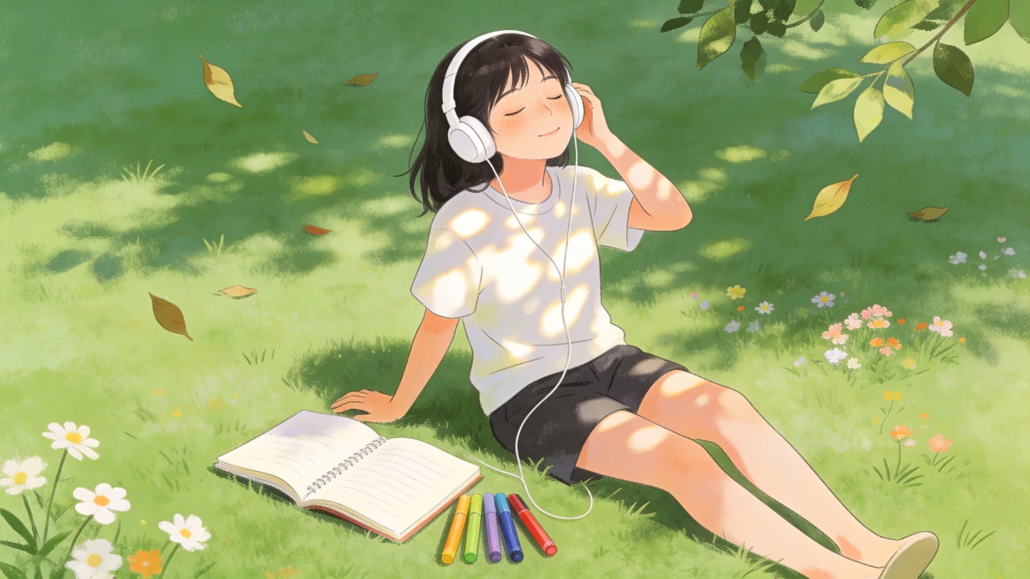 缓解压力健康生活主题手绘插画，展示女生聆听音乐放松身心的场景，传递通过爱好缓解压力减少脂肪堆积的健康理念，手绘插画风格，轻松愉悦，画面无任何文字预览效果