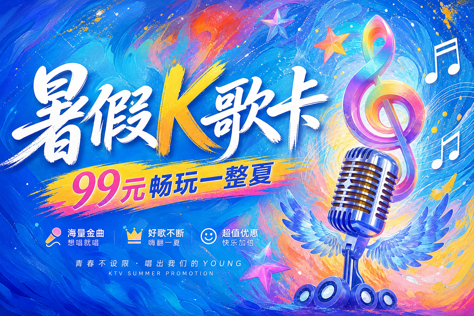 参考原图片的炫彩油画风蓝色彩底设计，重新生成一张KTV促销海报… - 图片创意预览
