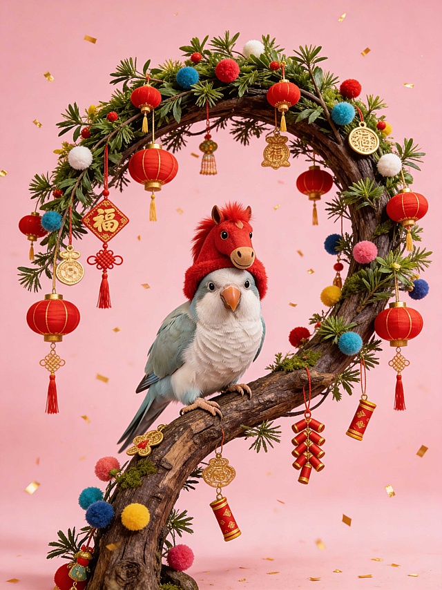 参考图中宠物头顶一顶显眼的红色毛绒马头帽，直视镜头，眼神无辜而梦幻。身旁矗立一棵弯曲如弧形的枝叶繁茂的巨型树，缀满红灯笼、迷你中国结、金色福字挂饰、彩色绒球与小鞭炮造型装饰。整体构图居中对称，宠物为视觉焦点，站在底部树枝上，树体形成动态弧线引导视线。营造温馨元旦节日氛围，背景纯粉色，空中飘着细碎的金色彩带，整体热闹松弛，强化童话质感。画面如电影静帧，充满童趣与艺术氛围。