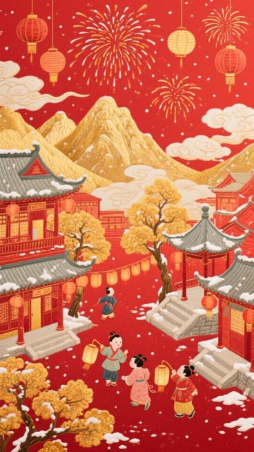 画面整体为刺绣风格，红色春节背景中有烟火、灯笼、云彩，远处有金色的山峦层层叠叠，下方有红色、金色的街道、张灯结彩、中式楼阁与小亭上落满雪花、金黄的树、石阶小路，画中穿着唐装的四个孩童手提灯笼嬉戏，刺绣预览效果