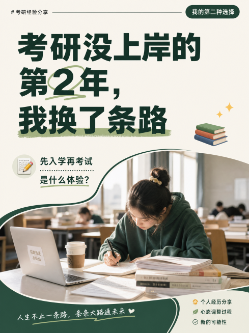 小红书竖版图文海报，主色调为深绿色搭配米白色背景，整体风格干净，留白较多，重点突出，带有适量emoji。画面主体是一张在教室或图书馆里的抓拍感照片，画面上有大字文案："考研没上岸的第2年，我换了条路"预览效果