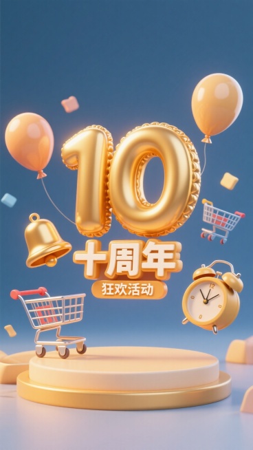 巨大的金色数字“十周年”的气球，下方小标题“狂欢活动”，购物车，铃铛，闹钟悬浮在周围，暖色调，促销氛围预览效果
