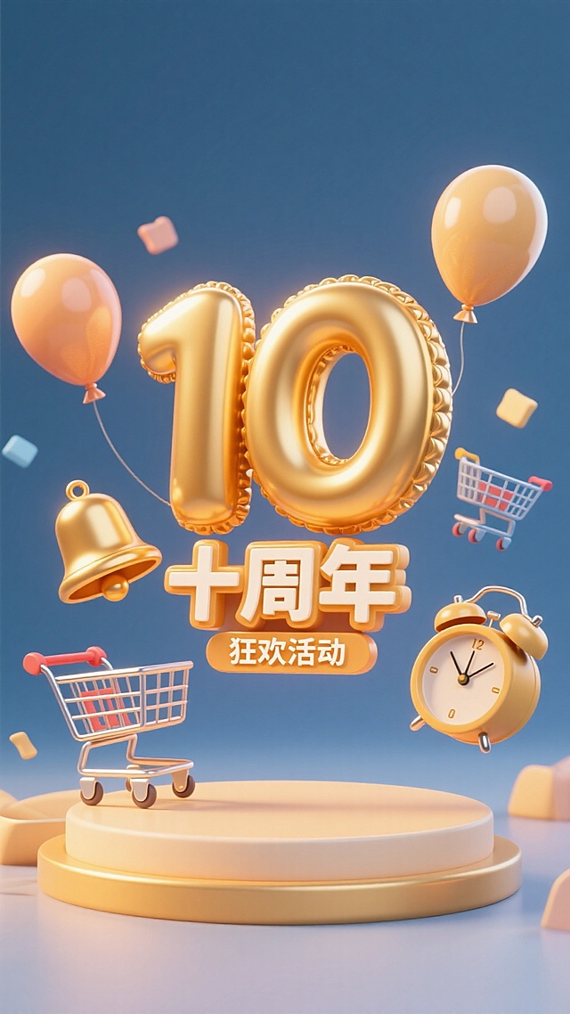 3D金属风大字设计，充气球与购物车点缀，喜庆促销氛围浓厚，十周年狂欢活动。