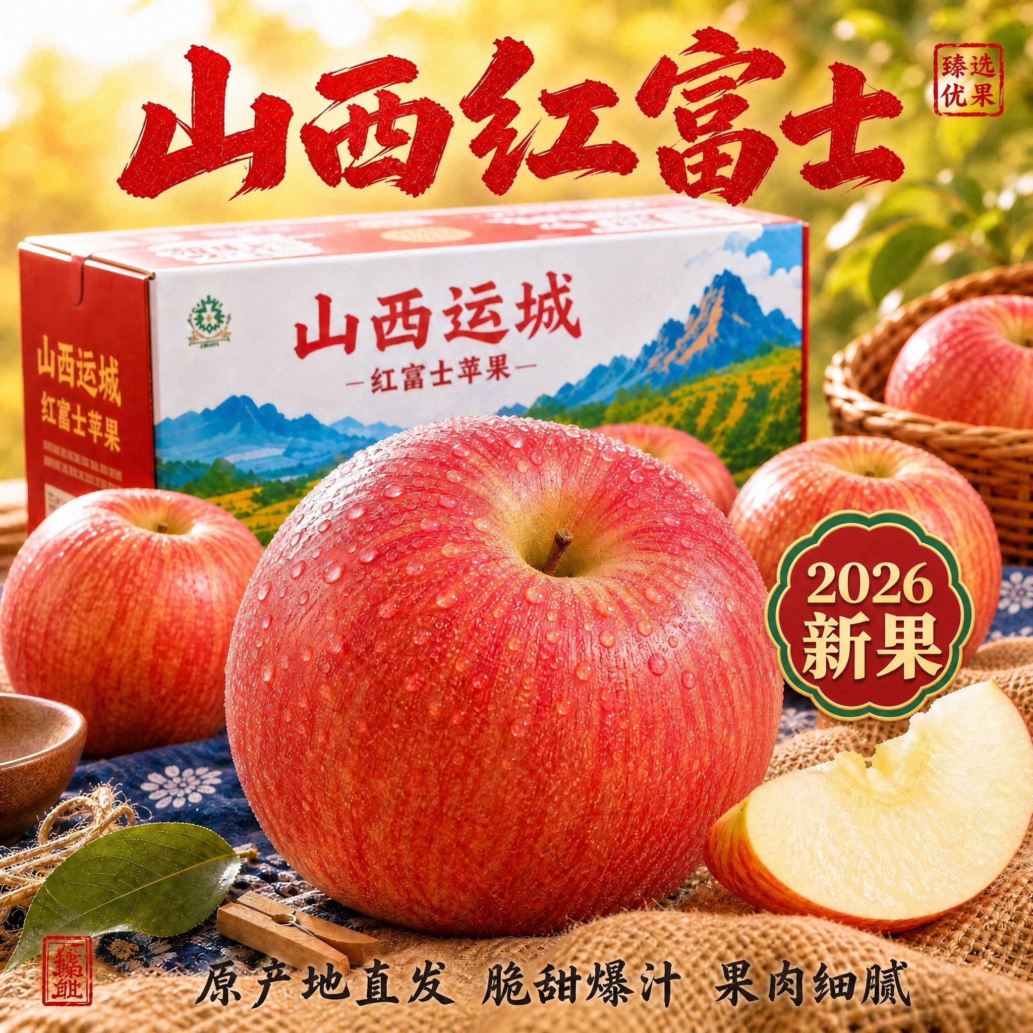严格保持原图构图、光影、苹果、包装箱、竹篮、布料及所有原有中文… - 图片创意预览