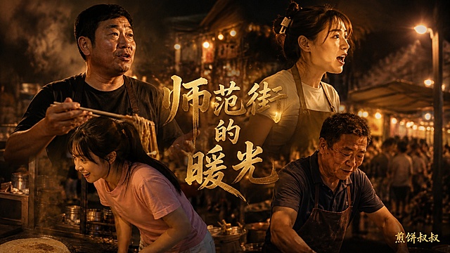 参考图一的多人物排版，将图二、图三、图四、图五四个人物，按照图一的错落分层布局整合，制作暖色调写实主义电影海报，中间放置金色大字标题"师范街的暖光"，在角落添加偏小字体"煎饼叔叔"，背景为暖调夜市街景，整体风格和光影保持一致，除标题和署名外无其他文字