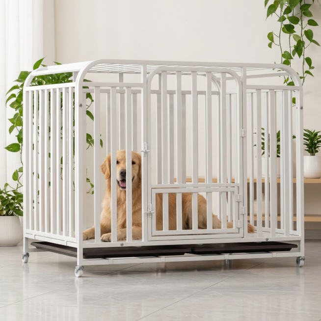 极简清新浅色系客厅，白色狗笼完整保留原始结构不变形，金毛开心趴在里面，凸显狗笼，浅灰色柔光砖搭配绿萝绿植，整体画面干净透亮，高明度低对比，光线柔和通透，适合淘宝天猫商品展示。负向提示词：结构扭曲、狗笼预览效果