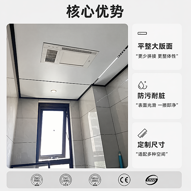 [主图-2]蜂窝大板吊顶核心卖点展示图；保持蜂窝大板吊顶外观、材质质感、颜色与输入产品图绝对一致，杜绝任何变形和色差，精细化处理。主画面展示大板拼接安装完成后的整体效果，重点突出平整无缝的拼接工艺。商品主体占比严格控制在60%-80%之间，满屏设计。[氛围风格]专业细节展示，现代简洁；[画质]商业摄影质感，细节清晰，纹理真实；[光影]均匀打光，拼接缝细节清晰可见，明暗过渡自然；[配色]保持产品原有的浅灰白色调，黑色线条对比清晰；[视角构图]微仰视特写，聚焦大板拼接区域；[文字版式]顶部大标题写"核心优势"，左侧主体图，右侧三个卖点卡片：第一卡写 平整大版面「更少拼接 更整体性」，第二卡写 防污耐脏「表面光滑 一擦即净」，第三卡写 定制尺寸「适配多种空间」。卡片浅色背景深色文字，干净清晰，底部预留认证标识区域。[比例分辨率]1:1比例，4k分辨率，文字清晰锐利，画面超高清；[负向提示词]变形，水印，文字错乱，产品图模糊，背景杂乱