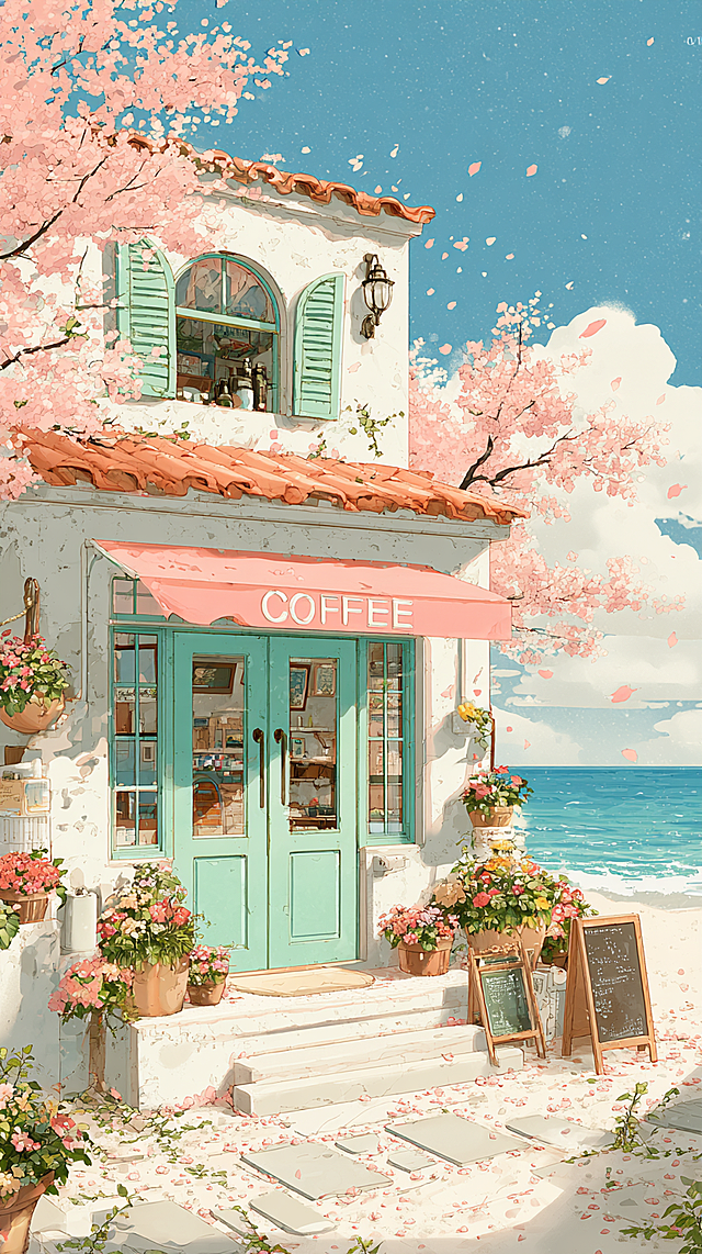 Japanese anime illustration style, soft pastel watercolor aesthetic, dreamy and serene atmosphere, gentle line work, Studio Ghibli-inspired charm — a quaint seaside café with light blue walls and terracotta roof, green double doors under a pink awning, “COFFEE” sign on the wall, surrounded by blooming cherry blossom trees with petals drifting in the air — vertical 9:16 aspect ratio, perfect for phone wallpaper or social media story — soft pastel palette — sky blue background, mint blue façade, lime green doors, coral pink awning and cherry blossoms, sandy beige path, turquoise ocean — medium shot with shallow depth of field, focus sharply on the café entrance and front garden, softly blur distant beach and sky — cherry blossom petals floating mid-air, potted flowers (roses, daisies) flanking the entrance, chalkboard menu on stand, wooden steps leading to door, white stone pathway scattered with petals, clear sunny sky with wispy clouds, calm turquoise sea in background, small window with white shutters, vintage-style lanterns on either side of door — trending on ArtStation, high detail, ultra HD, 8K