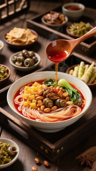 一张精心布置的酸辣粉美食摄影，主视觉为一个白色粗陶碗盛着热气腾腾的螺蛳粉，Q弹的米粉浸在红亮的汤底中，点缀着花生、炸黄豆、黄萝卜丁、青菜和大块螺蛳肉，一只木勺正将浓郁的红油缓缓浇在粉上，油汁滴落的瞬间预览效果