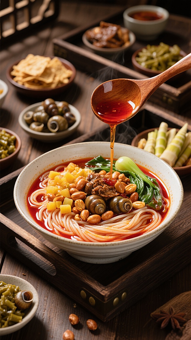 一张精心布置的酸辣粉美食摄影，主视觉为一个白色粗陶碗盛着热气腾腾的螺蛳粉，Q弹的米粉浸在红亮的汤底中，点缀着花生、炸黄豆、黄萝卜丁、青菜和大块螺蛳肉，一只木勺正将浓郁的红油缓缓浇在粉上，油汁滴落的瞬间动感十足。碗的周围摆放着多个精致的小碗配菜，包括酸豆角、炸腐竹、螺蛳、卤味和切成段的酸笋，所有食材色彩鲜艳、层次分明。深色木质托盘和桌面营造出温暖质朴的氛围，光线从斜上方照射，突出食物的质感和光泽，汤汁的油润、米粉的透亮、配菜的新鲜都清晰可见，整体画面构图饱满，以近景特写展现螺蛳粉的丰富配料和诱人细节，营造出浓郁的市井美食氛围和令人垂涎的食欲感，色调以红棕色为主，搭配食材本身的自然色彩，光影对比强烈，突出食物的立体感和新鲜感。