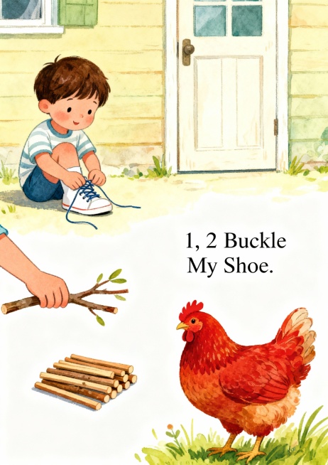 A4竖版童卡片 1：
1, 2 Buckle My Shoe
1, 2 buckle my shoe.
3, 4 shut the door.
5, 6 pick up sticks.
7, 8 la预览效果