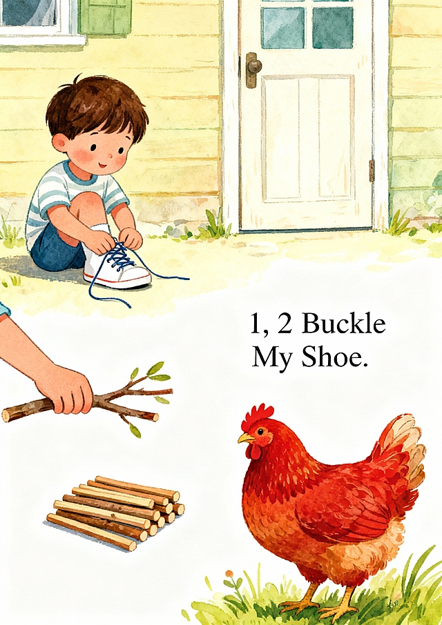 A4竖版童卡片 1：
1, 2 Buckle My Shoe
1, 2 buckle my shoe.
3, 4 shut the door.
5, 6 pick up sticks.
7, 8 lay them straight.
9, 10 a big red hen.
根据描述的场景配图