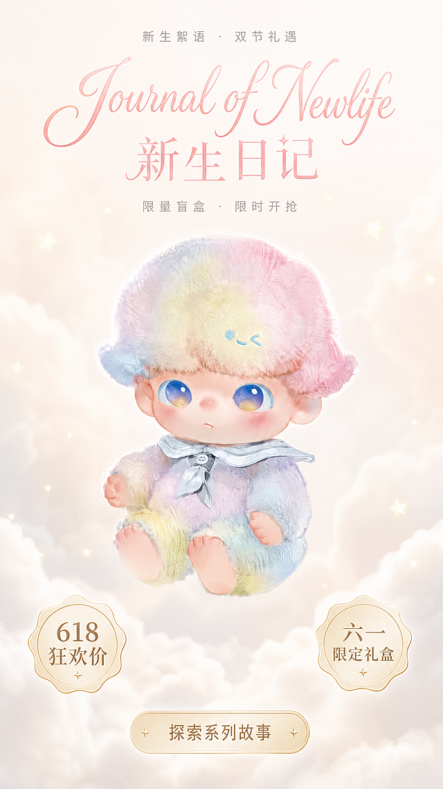 [第1屏] 超级主视觉海报，POPMART DIMOO新生日记系列搪胶毛绒挂件盲盒宣传海报。
[氛围/风格] 轻奢童趣治愈系，温柔梦幻高级，电影感商业摄影质感，画面留白克制构图高级，突出产品毛绒质感和搪胶面部高光细节。
[元素布局] DIMOO搪胶毛绒挂件悬浮于画面中心，占据画面约65%主体区域。保持产品原有毛绒身体+搪胶面部的材质结构、渐变马卡龙毛绒发色、浅蓝大眼睛、水手领配色与图1包装盒产品形象一致。背景为梦幻柔焦奶白色云朵，点缀稀疏发光星星，整体氛围朦胧温柔。主题文字"新生絮语 · 双节礼遇"放置顶部居中，主标题"Journal of Newlife 新生日记"使用手写花体英文搭配精致中文字体放在产品上方居中位置，副标题"限量盲盒 · 限时开抢"放在主标题下方居中。左下角金属质感香槟金徽章标注"618狂欢价"，右下角同风格徽章标注"六一限定礼盒"。底部居中放置圆角按钮"探索系列故事"，浅香槟金渐变质感。所有文字不遮挡产品主体。
[光影质感] 整体柔光漫射，产品边缘有柔和轮廓光，面部高光精致突出，星星点缀微弱星光，背景云朵柔和过渡，明暗层次清晰，产品真实立体。
[配色色系] 全局底色：#fcf9f7（柔白）；主体配色：奶油粉#fce4ec+淡雾蓝#e3f2fd+浅黄#fff8e1+香槟金#f5e7c8；辅助色保留产品原有渐变毛绒色彩。
[视角构图] 电影感横版构图，中心对称构图，产品绝对中心，文字分区排版，留白充足高级。
[文字版式] 顶部主题文字"新生絮语 · 双节礼遇"浅灰字体；主标题字体设计精致，英文手写花体搭配中文，配色奶油粉渐变；副标题小号浅灰字体；徽章文字为白色配香槟金徽章底；按钮文字深灰清晰可辨。所有文字大小符合移动端阅读，清晰可读，不挤压产品主体。
[比例分辨率] 9:16竖版，4K分辨率，文字清晰可辨，超高清。
[负向提示词] 产品变形，颜色偏差，毛绒质感丢失，面部高光缺失，文字错乱，文字遮挡产品，水印，背景杂乱，低分辨率，畸形结构。