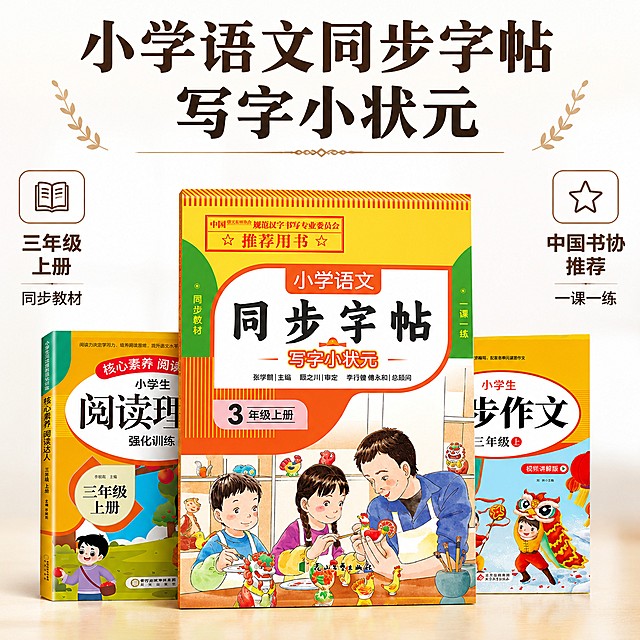 [主图-3] 同步字帖产品卖点展示主图。氛围风格为专业清晰，真实可信，商业摄影质感、光线柔和通透、产品清晰真实、画面干净高级。同步字帖写字小状元三年级上册居中展示，突出封面推荐标识，另外两本书在上下辅助，保持书籍外观颜色与原图一致，商品主体占比约70%，浅白色背景干净简洁。顶侧柔光，整体光线均匀，封面清晰可见，无明显硬阴影，层次感自然。浅背景衬托封面色彩，搭配和谐统一，文字用深棕色保证可读性。居中展示产品，构图均衡。顶部主文案大字"小学语文同步字帖 写字小状元"，下方分两栏展示卖点：左栏 "三年级上册 同步教材"，右栏 "中国书协推荐 一课一练"，排版舒朗，不遮挡产品主体，文字大小对比清晰。1:1比例，4k分辨率，文字清晰锐利，画面超高清。禁止出现变形、文字错乱、产品图模糊、背景杂乱、水印、电商平台Logo。