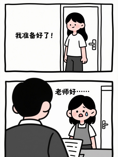 上下两格黑白简笔画，细线条无阴影，白底极简背景。第一格：长短发便装女大学生站在门前，从容自信，配文“我准备好了！”；第二格：女大学生看到考官，声音发抖，配文“老师好……”，表情自然预览效果