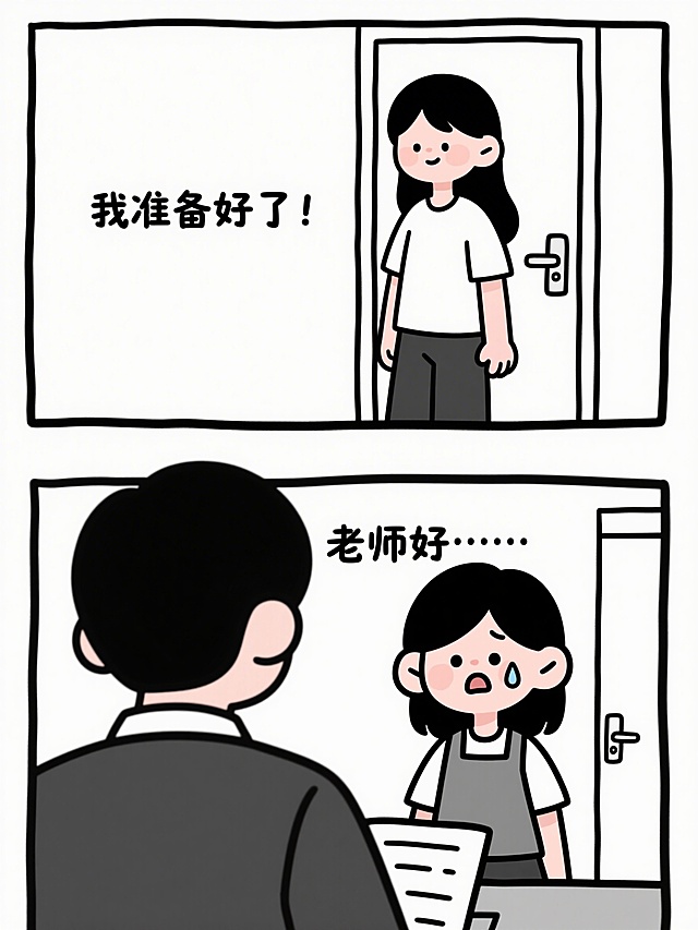 上下两格黑白简笔画，细线条无阴影，白底极简背景。第一格：长短发便装女大学生站在门前，从容自信，配文“我准备好了！”；第二格：女大学生看到考官，声音发抖，配文“老师好……”，表情自然