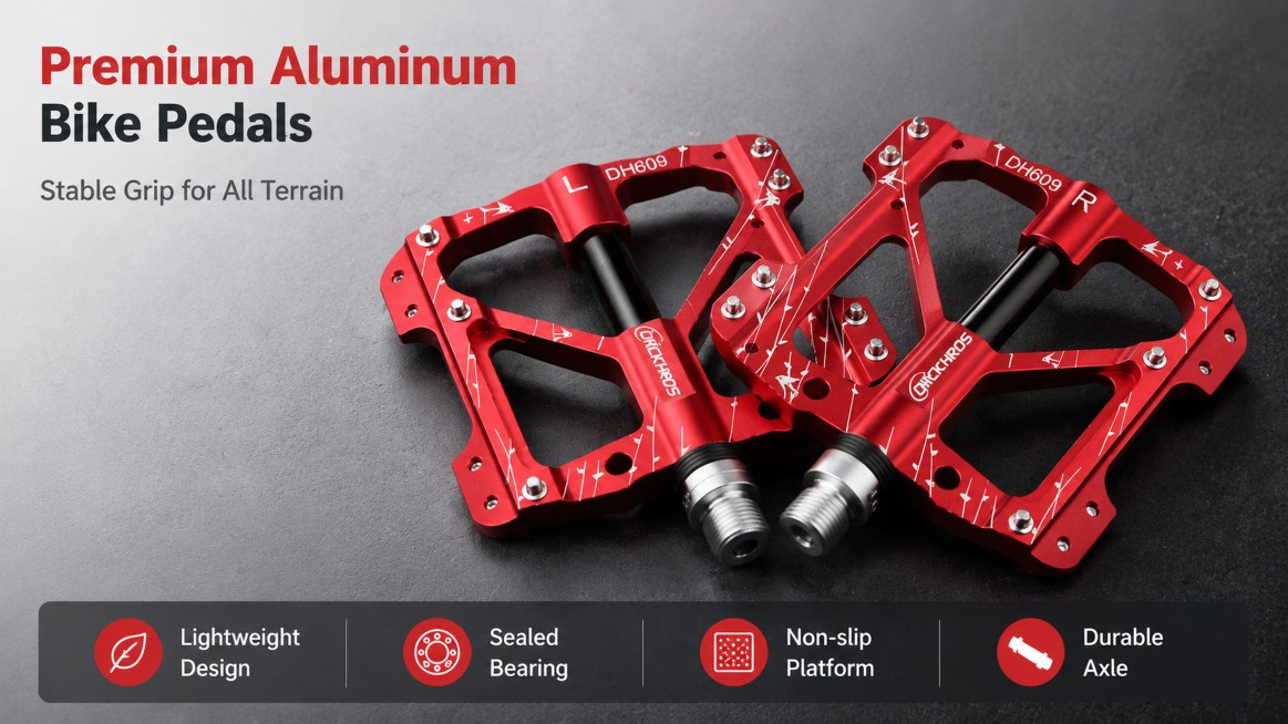 [Detail Image 1] Main hero page for red aluminum mountain bike pedals. This screen uses [image 1] an预览效果