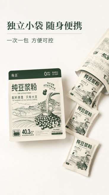 [第6屏] 包装细节展示-纯豆浆粉独立小袋设计。本屏使用【图1】作为外包装袋展示，补充内袋细节。
[氛围/风格] 清晰实用风，干净整洁，突出产品包装设计优势。
[元素布局] 画面左侧展示本品整袋外包装预览效果