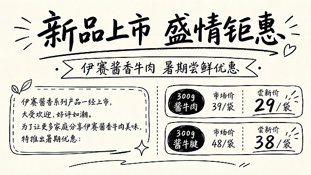保持原图横版手写黑色单色风格、排版布局不变，仅修改右下角商品信息：将500g酱牛肉改为300g酱牛腱，市场价改为48/袋，尝新价改为38/袋，其余内容保持不变，所有文字清晰可读，排版依然精美