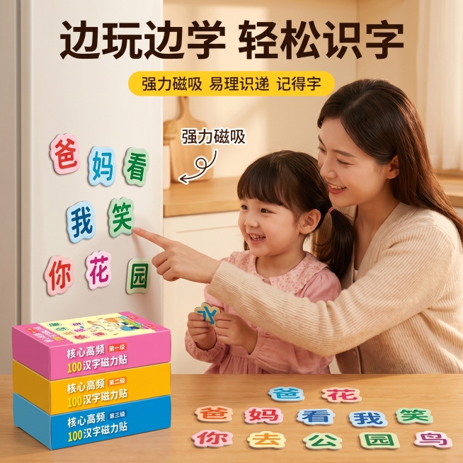 生成一张具有亲子氛围的电商主图，参考图1的温暖柔和风格，展示图2的汉字磁力贴产品，突出产品的磁吸效果，营造边玩边学的轻松学习氛围预览效果