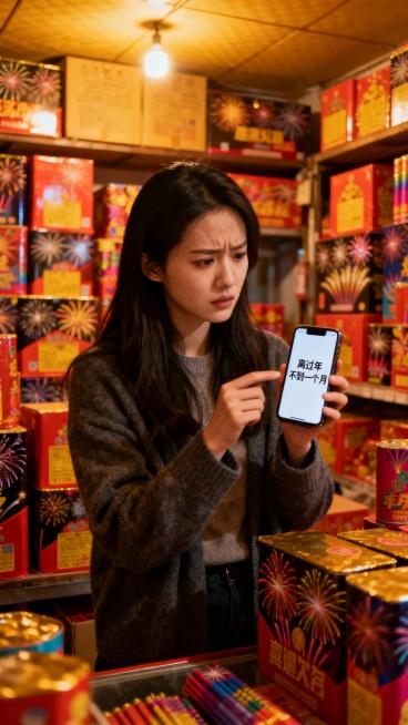 一位烟花零售美女店主看着手机上的日历，显示“离过年不到一个月”，表情焦虑预览效果