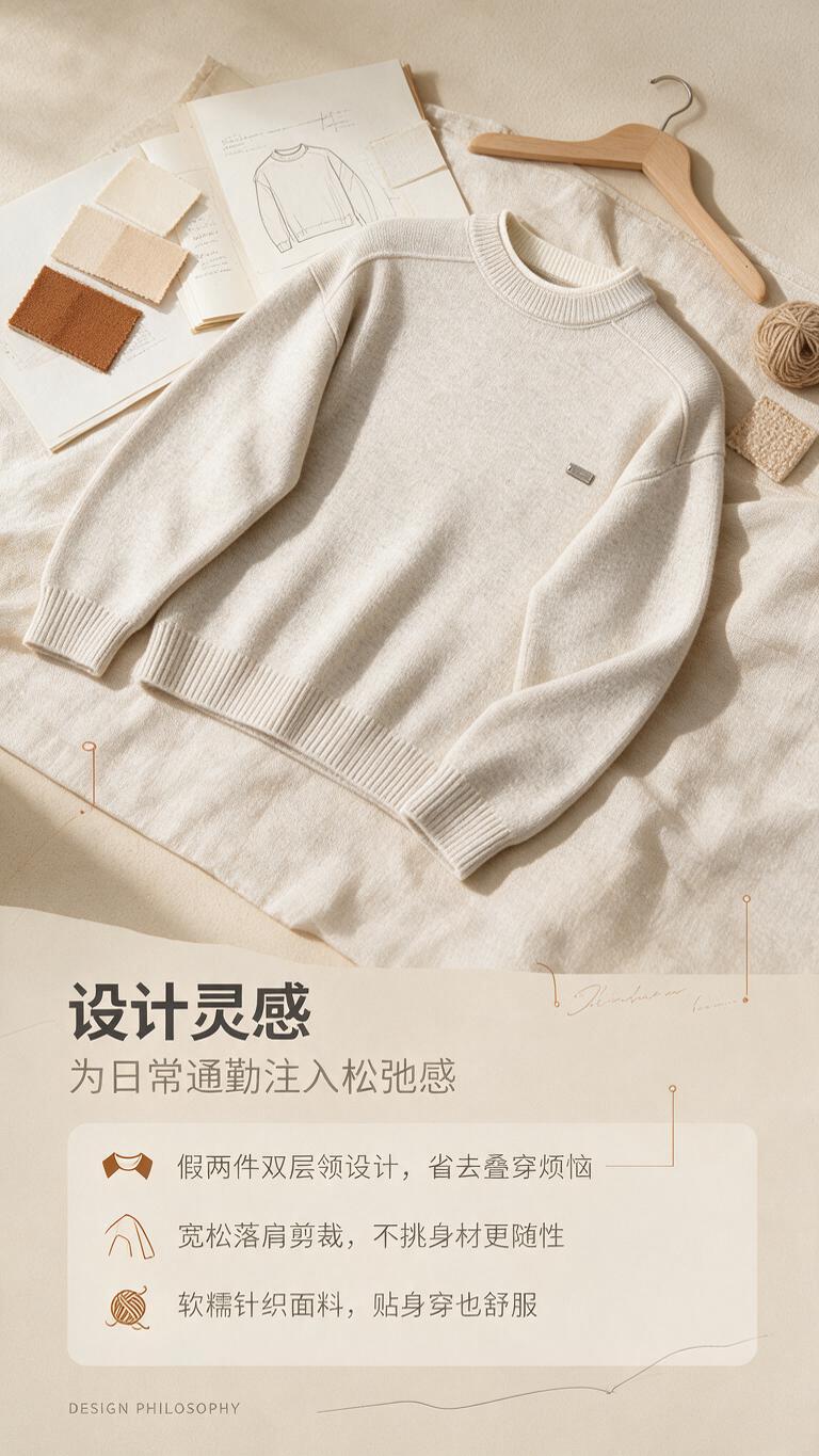[商品] 使用【图1】米杏色假两件圆领针织毛衣；商品处理：保留… - 图片创意预览