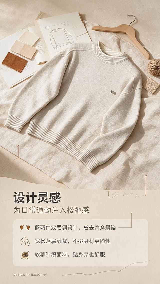 [商品] 使用【图1】米杏色假两件圆领针织毛衣；商品处理：保留假两件双层圆领、落肩袖、胸前小金属标、罗纹下摆与袖口、米杏花纱颜色和针织面料；自然去除衣身杂乱褶皱，理顺垂坠，增强针织纹理、缝线和五金标质感，不改变版型和结构。
[画面] 目标为设计理念页，解读假两件叠穿灵感。竖版9:16构图，上半部分为毛衣平铺于米白色亚麻布料上，周围散落色卡、设计手稿、木质衣架等灵感道具；下半部分为文字说明区。毛衣呈45度角斜放，展示领口假两件层次细节。画面分上下两层，上层视觉占60%，下层文字占40%。
[视觉] 套系策略：风格=轻熟通勤高级杂志风；标题字=现代无衬线粗体（思源黑体Heavy）；正文字=简洁无衬线体（思源黑体Regular）；主色=米杏色；背景延展=基于米杏色做深浅层级、同色渐变和细腻织物/哑光墙面质感；强调色=焦糖棕，仅用于小面积图标、引线和标签；标题色=深炭灰；正文色=中暖灰；组件=圆角浅底信息卡、细线引线、手写英文小字装饰；光影=左前侧暖柔光，柔和自然阴影。
[文字] 下半区主标题「设计灵感」，副标题「为日常通勤注入松弛感」，正文分3段短句：假两件双层领设计，省去叠穿烦恼；宽松落肩剪裁，不挑身材更随性；软糯针织面料，贴身穿也舒服。左侧配3个焦糖棕色小图标对应3个理念点。底部小号英文「DESIGN PHILOSOPHY」。所有文字横排。
[规格] 图片比例9:16竖版，分辨率1K，避免变形、错字、文字过小、冷蓝/蓝灰背景、衣服颜色改变、版型失真、极限词、平台Logo水印。