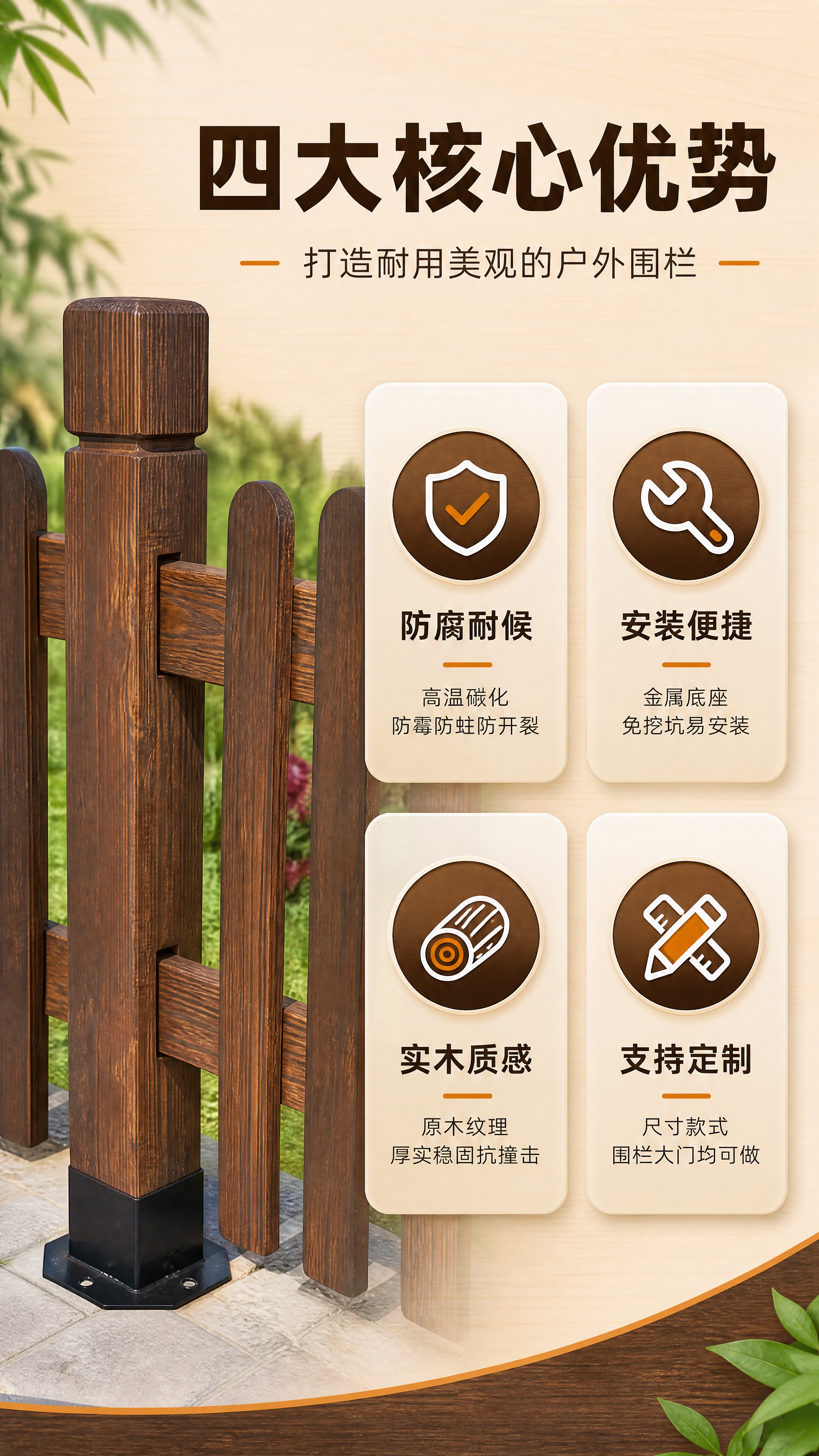 [商品] 使用【图1】高温碳化实木围栏局部特写；保留深棕色碳化… - 图片创意预览