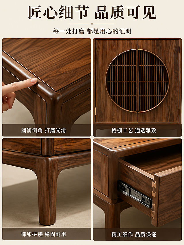 [第6屏] 细节工艺验证-桌面打磨/倒角/格栅工艺/五金细节展示。本屏使用【图1】作为产品细节来源。
[氛围/风格] 匠心细节特写，精致工艺感，品质证明，商业摄影质感。
[元素布局] 画面采用四宫格布局，每格展示一处工艺细节：左上格桌面圆润倒角特写，手指轻触倒角边缘展示光滑度；右上格边柜圆形格栅工艺特写，格栅均匀整齐，木纹流畅；左下格茶桌腿部榫卯与打磨细节，木纹与拼接处严丝合缝；右下格抽屉滑轨与五金细节（如有），开合顺滑。每格背景简洁，突出细节主体。**保持各部位材质质感、颜色、结构与输入产品图一致**。
[光影质感] 每格均采用侧上方柔和斜光，突出材质肌理与工艺精度，高光细腻，阴影柔和，整体暖调统一。
[配色色系] 全局底色米白#F8F4EC；主色红斑马木深棕#6B4423；辅助色浅米色、深棕文字；点缀少量金属色（五金）。
[视角构图] 四宫格等分布局，每格独立特写，视角各有不同（俯视倒角、正视格栅、侧视桌腿、抽屉细节），版式整齐有节奏。
[文字版式] 顶部居中主标题「匠心细节 品质可见」，深棕色粗体大字，下方副标题「每一处打磨 都是用心的证明」，字号约一半。四宫格每格底部贴半透明深棕色条带，白色文字标注：「圆润倒角 打磨光滑」「格栅工艺 通透雅致」「榫卯拼接 稳固耐用」「精工细作 品质保证」。文字清晰不压主体。
[比例分辨率] 3:4竖版比例，4K分辨率，文字清晰可辨，高清画质。
[负向提示词] 变形，水印，文字错乱，文字过小，颜色偏差，产品图模糊，背景杂乱，多余手指。