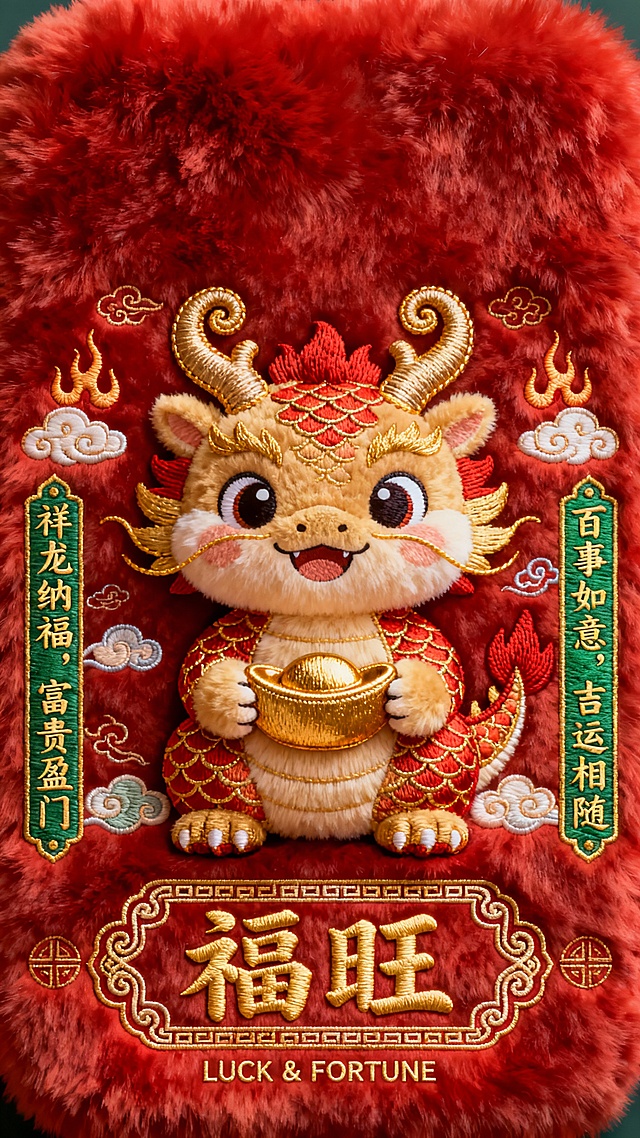这款小龙主题壁纸的创意源于祥瑞与喜庆的交汇，以柔软红色毛绒为底，承载节日般的温暖氛围。金角赤鳞的小龙怀抱元宝，象征福气盈门、好运自来；两侧绣纹牌匾寓意百事如意、吉运相随，祥云与火纹细节让画面更具灵动与仪式感。整体以红金配色打造旺势与丰盛感，每一次亮屏都像被一只好运小龙轻轻打招呼，把祝福、力量与兴旺悄悄送进新的一天。