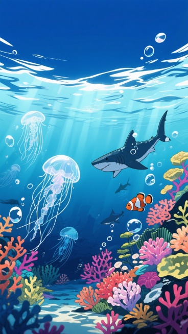 二次元卡通，海底，海洋动物，气泡，深青色，浅蓝色，氛围感夏天、快乐，细节丰富，元素多样，全景构图，9:16,不要人物，生成2张预览效果