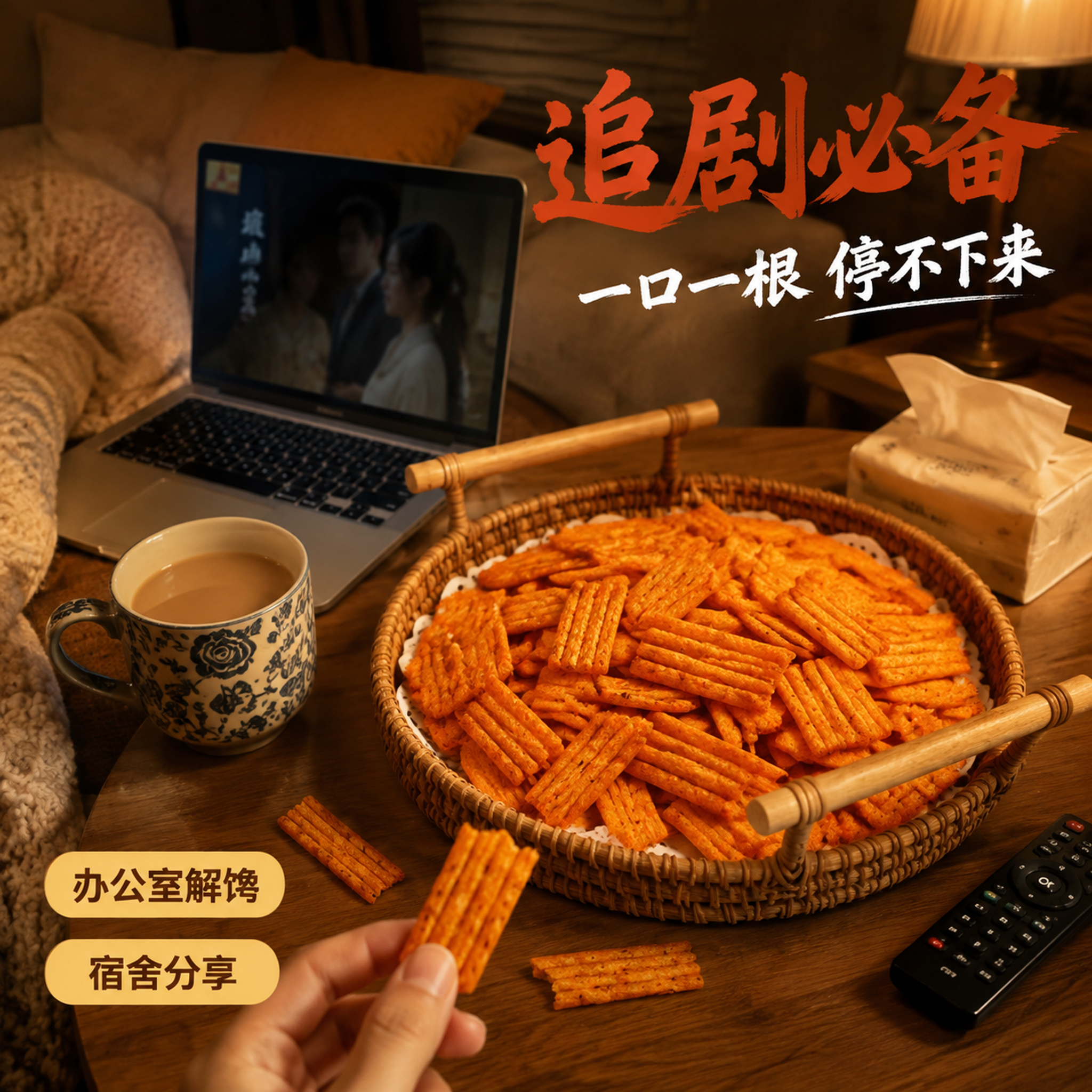 [主图-3] 脆辣条追剧场景体验图。 [氛围风格] 温馨治愈追… - 图片创意预览