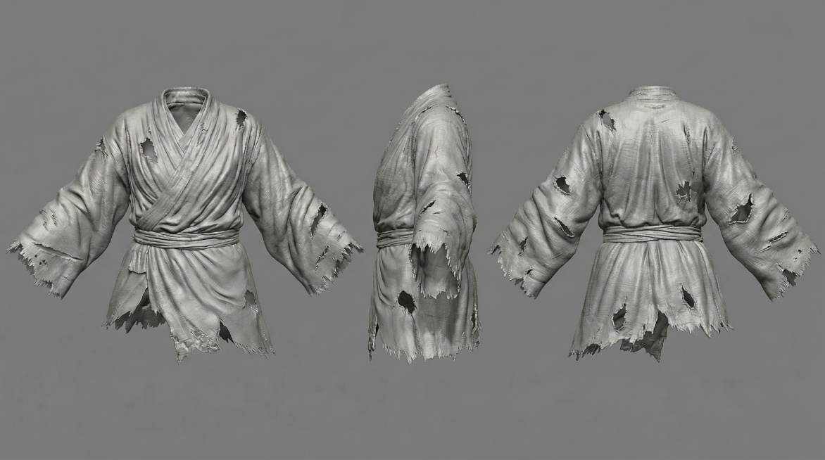 基于这张破旧汉服雕塑的正视图，生成对应的侧视图和背视图，保持相同的材质、破损细节、褶皱设计和整体风格，三视图整齐排列预览效果
