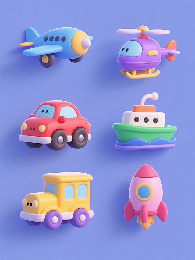 一系列6个不同的卡通风格交通工具玩具，包括飞机、汽车、轮船、火车、火箭和直升机，每个交通工具都采用圆润可爱的造型设计，光滑的塑料质感，柔和的高光和阴影表现，纯色背景，每个交通工具具有独特的整体色彩方案（如蓝色飞机、红色汽车、绿色轮船、黄色火车、紫色火箭、粉色直升机），所有元素整齐排列成两行三列的规整布局，保持一致的卡通风格和视觉统一性。