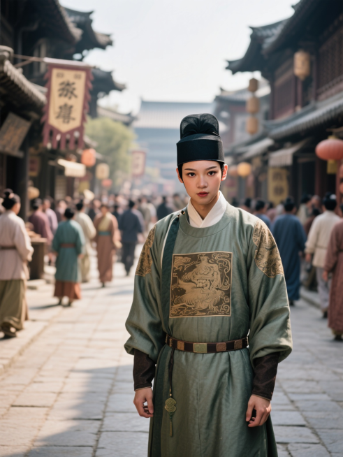 男生正脸看镜头，穿上唐代服饰，小官吏打扮，站在唐代繁华的街上，身后是来来往往的唐代百姓，景深效果，形象狡猾，眼睛透露凶光，样貌猥琐预览效果