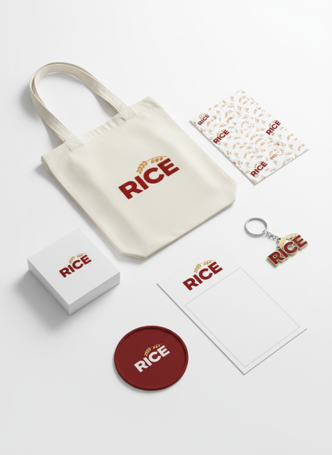 参考这个LOGO，做一套文创品牌视觉设计，品牌名称为“RICE"，包括帆布包，便签纸砖，杯垫，钥匙扣，纸卡等。樱桃红视觉主色调，现代、精致、亲切现代风格预览效果