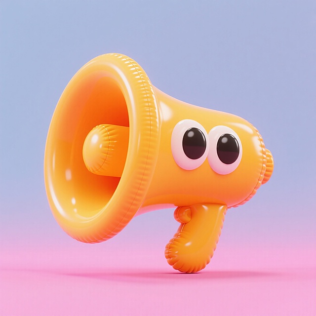 高饱和的黄橙配色的喇叭+大大的眼睛，撞色，玫粉色背景