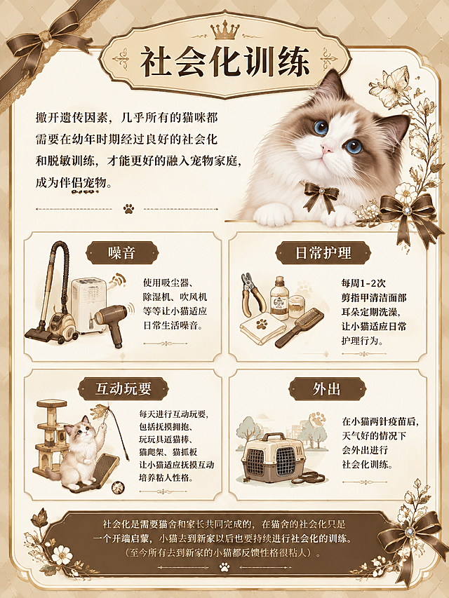 欧式复古轻奢风格社会化训练介绍图，竖版3:4比例。米金色菱格纹理背景，中央白色圆角矩形卡片，顶部米黄色复古标签框写"社会化训练"。卡片开头引言：撇开遗传因素，几乎所有的猫咪都需要在幼年时期经过良好的社会化和脱敏训练，才能更好的融入宠物家庭，成为伴侣宠物。下方分四个板块，每个板块有小标题和内容：【噪音】使用吸尘器、除湿机、吹风机等等让小猫适应日常生活噪音。【日常护理】每周1-2次剪指甲清洁面部耳朵定期洗澡，让小猫适应日常护理行为。【互动玩耍】每天进行互动玩耍，包括抚摸拥抱、玩玩具逗猫棒、猫爬架、猫抓板让小猫适应抚摸互动培养粘人性格。【外出】在小猫两针疫苗后，天气好的情况下会外出进行社会化训练。底部结语：社会化是需要猫舍和家长共同完成的，在猫舍的社会化只是一个开端启蒙，小猫去到新家以后也要持续进行社会化的训练。（至今所有去到新家的小猫都反馈性格很粘人）。右侧有新脸版甜美布偶猫和蝴蝶结小花的线描装饰，猫咪甜美可爱，深棕+米金配色，版式精美，4K高清。