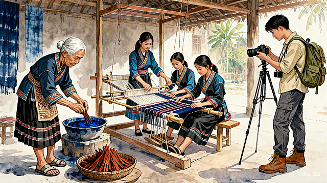 黎族染坊和制作黎锦的场景中，符奶奶坐镇染坊调配苏木和蓝靛染料；阿黎带领其他织女坚守传统织造工序；林远独自架好相机准备记录整个过程，但是大家都忙着工作没人搭理他，使用提供的三个人物形象，手绘风格